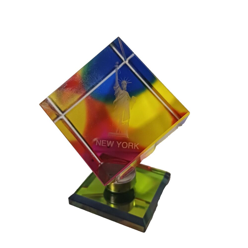 New York City Paperweight Spinner Statue of Liberty Laser Etched Glass Multi